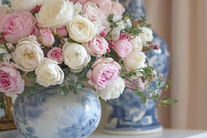 Pink and white roses bouquet arranged in blue and white decorati, a Photo by Studio ANNA