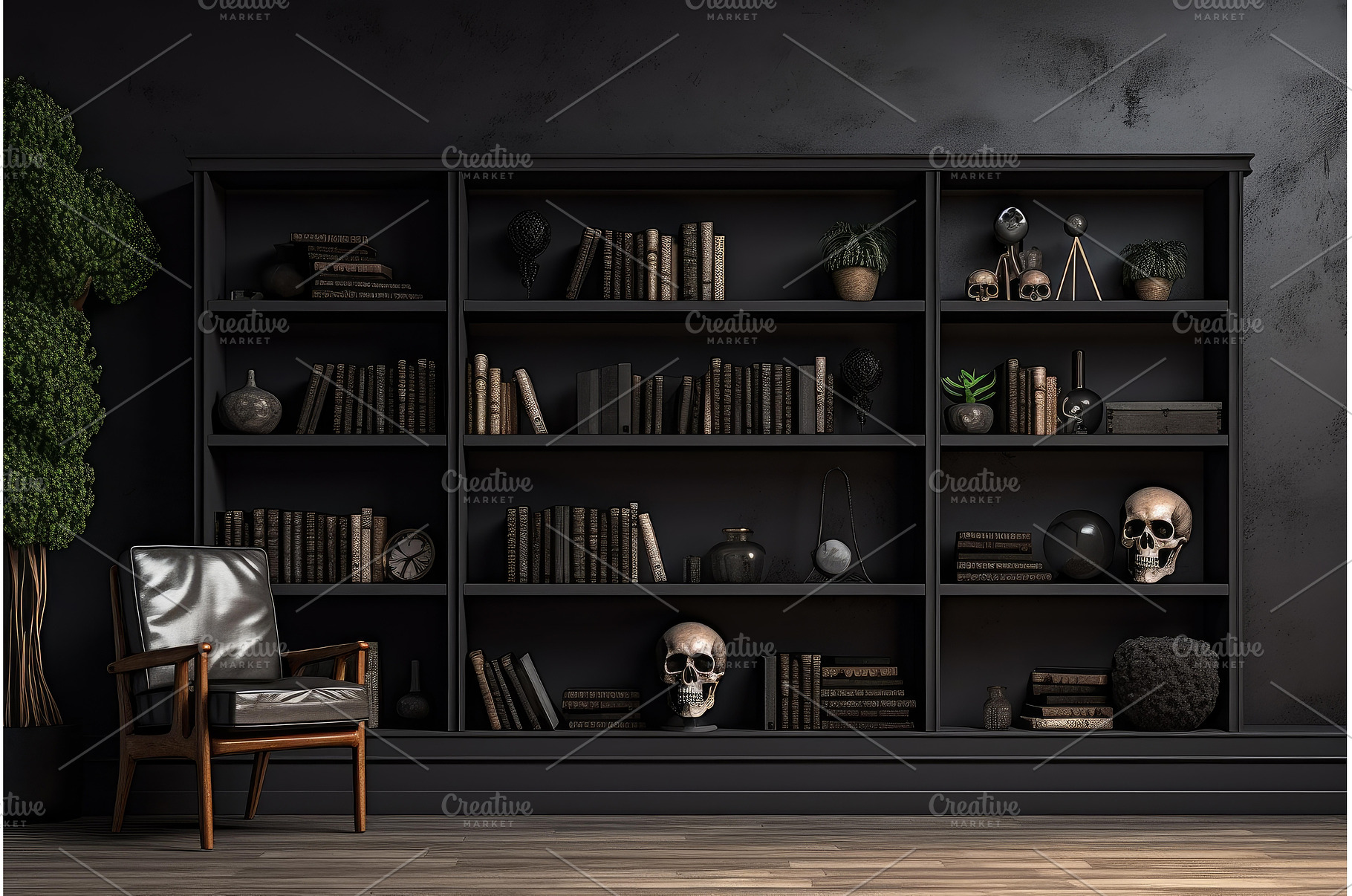 Black library with skulls and, an Arts & Entertainment Photo by Ylivdesign