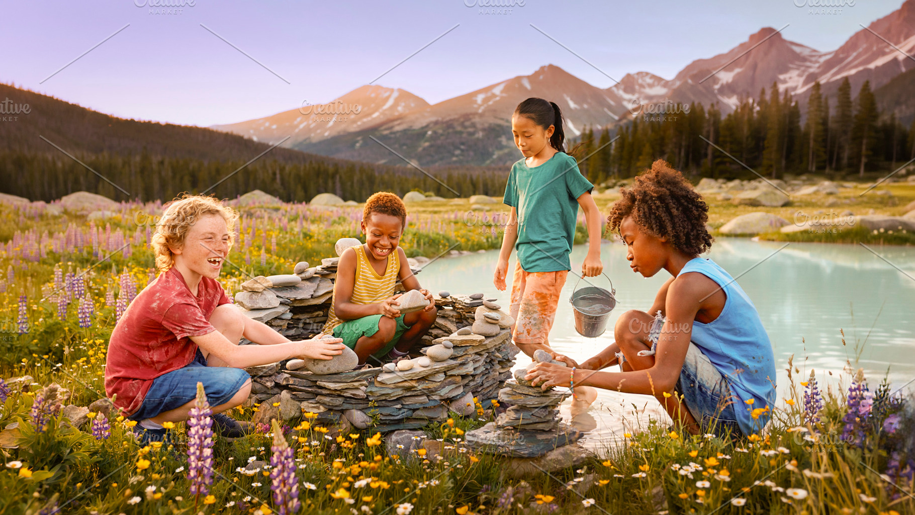 Children building a stone structure together outdoors, a Person Photo by DanFLCreativo
