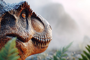 Mighty Tyrannosaurus rex emerges through misty foliage in a prehistoric landsca, a Photo by AlyaAnd