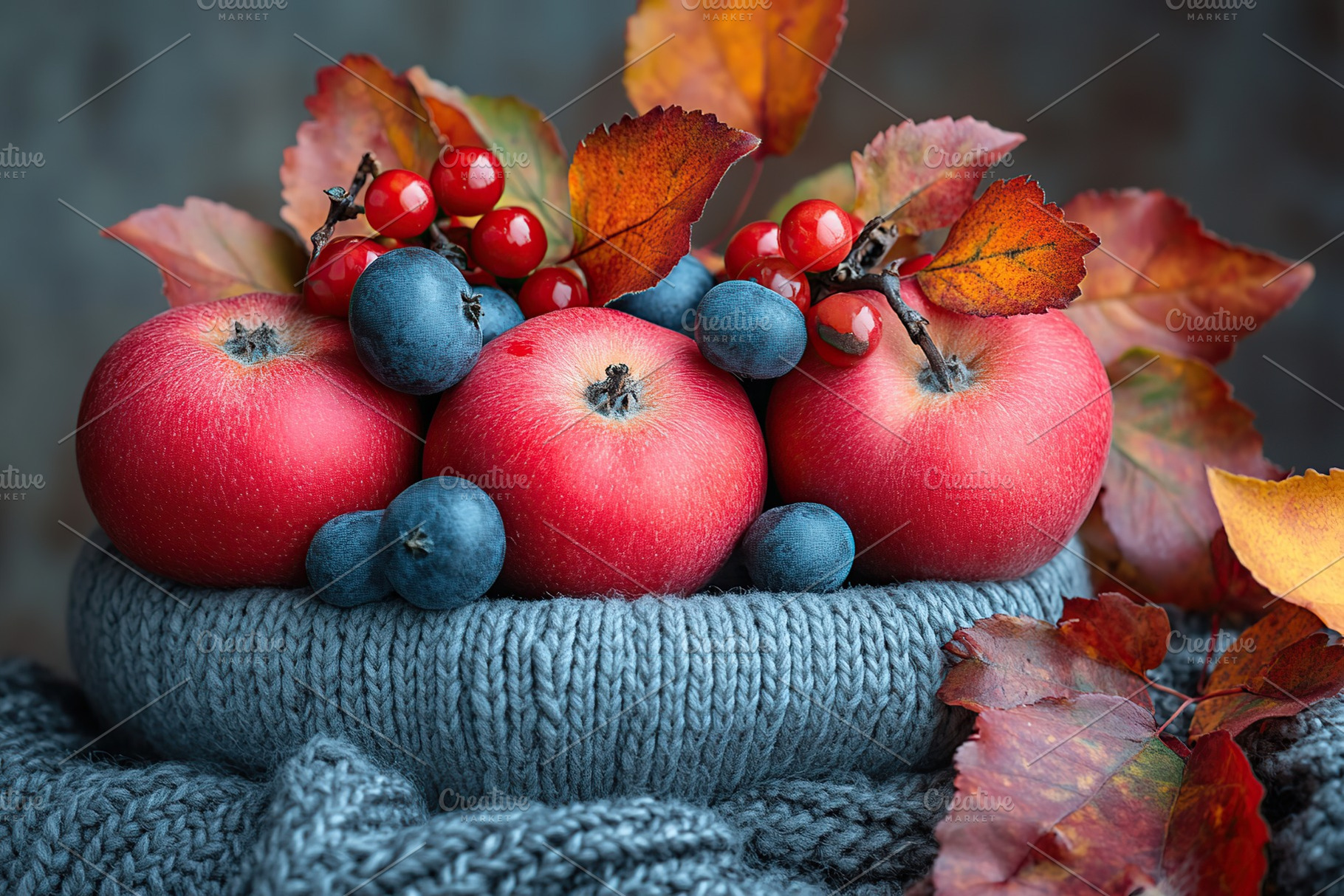 Fresh red apples surrounded by vibrant autumn leaves and berries., a Food & Drink Photo by AlyaAnd