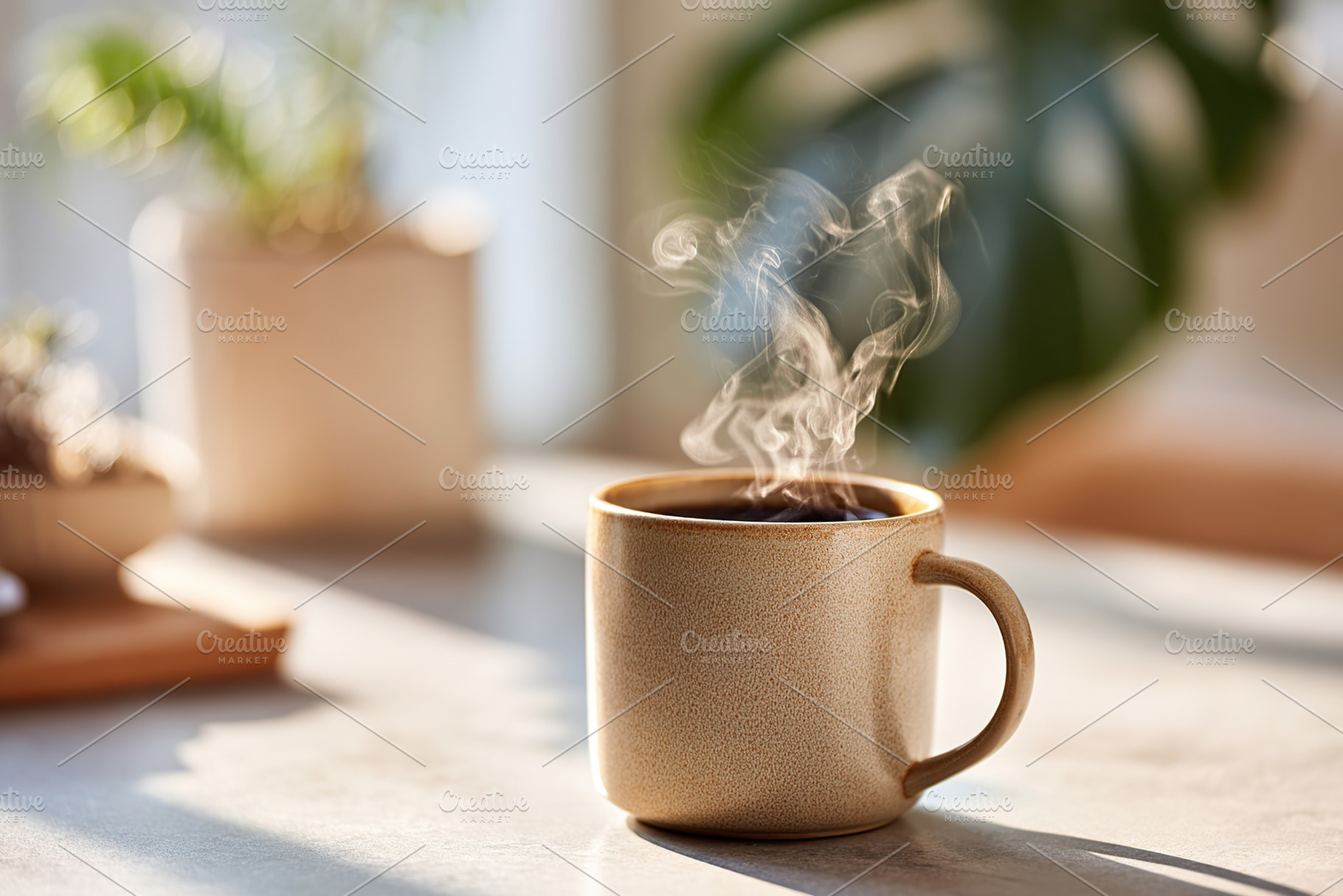 Steam rises from warm coffee cup on a bright morning table, a Food & Drink Photo by AlyaAnd