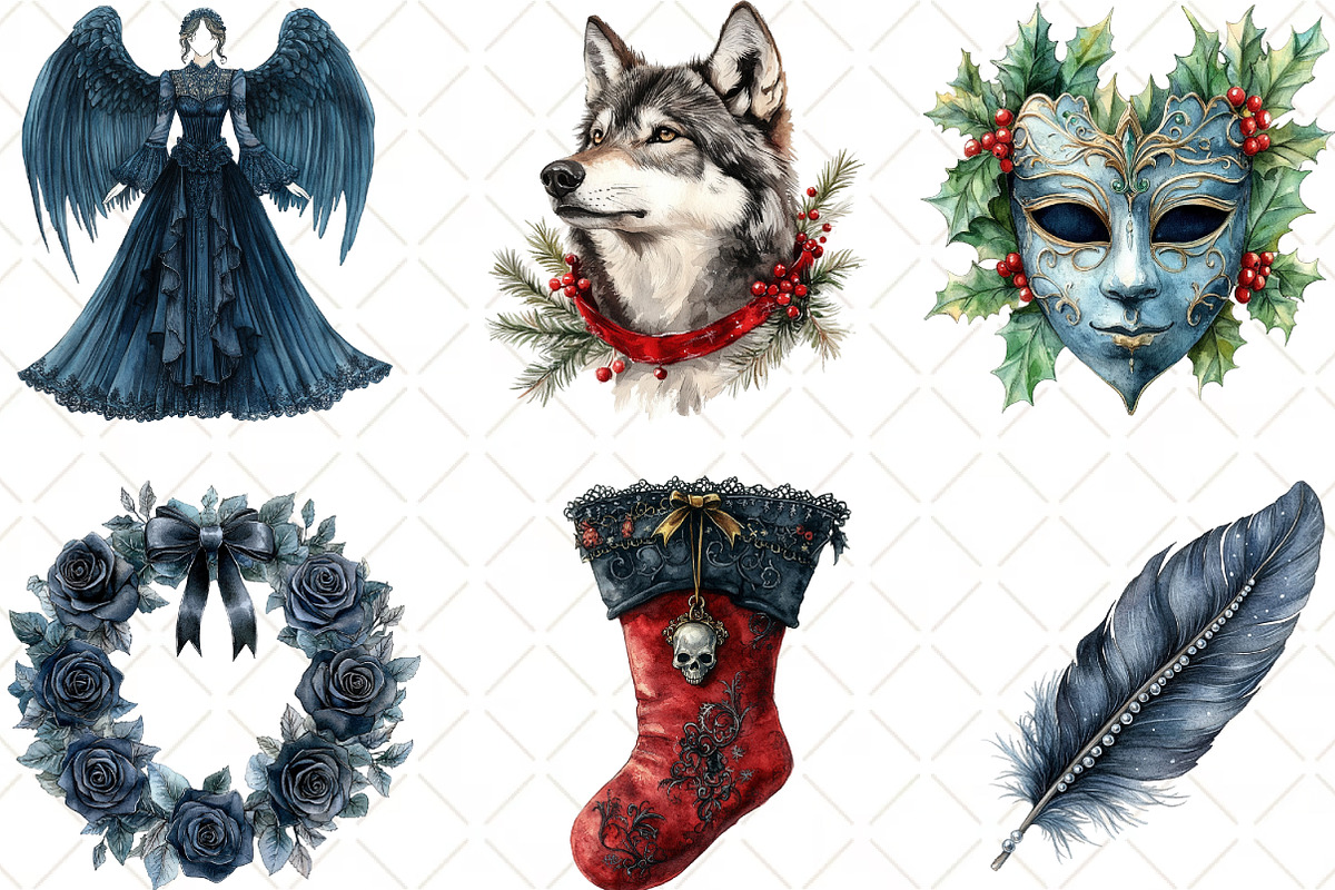 Watercolor Gothic Christmas Clipart, an Illustration by Black Bird Studio (Photo 2 of 6)