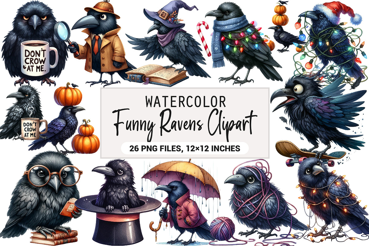 Funny Ravens Watercolor Clipart, an Illustration by DreamArtGraphic (Photo 1 of 5)