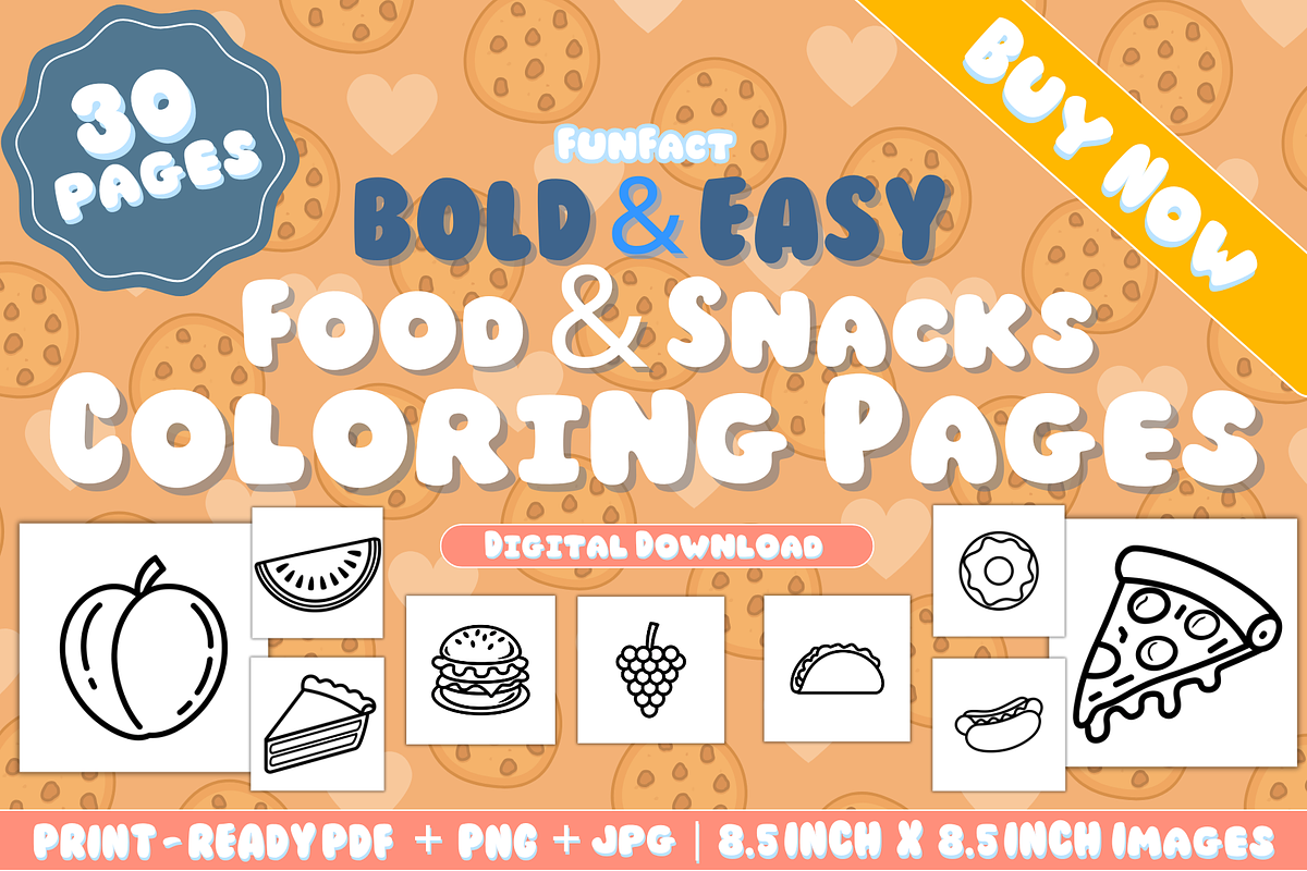 30 Food & Snacks Coloring Pages, a Food Illustration by FunFact (Photo 1 of 3)