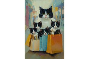 Shopping Day Cat Family Wall Art, an Animal Illustration by Art Paradise Studios