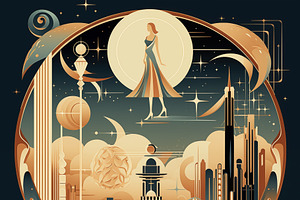 A Stylized Art Deco Illustration Featuring A Futuristic Cityscape With Tall Bui