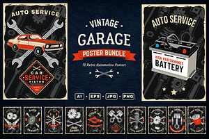 12 Vintage Garage Posters, an Object Illustration by sivVector