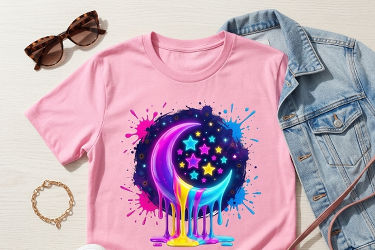 Neon Crescent Moon Stars Art, a Shirt Mockup by Vector Stall (Photo 3 of 14)