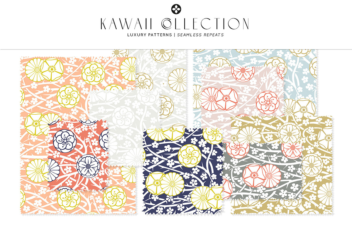 Kawaii Japanese Floral Seamless Pattern, 7 Colourways
