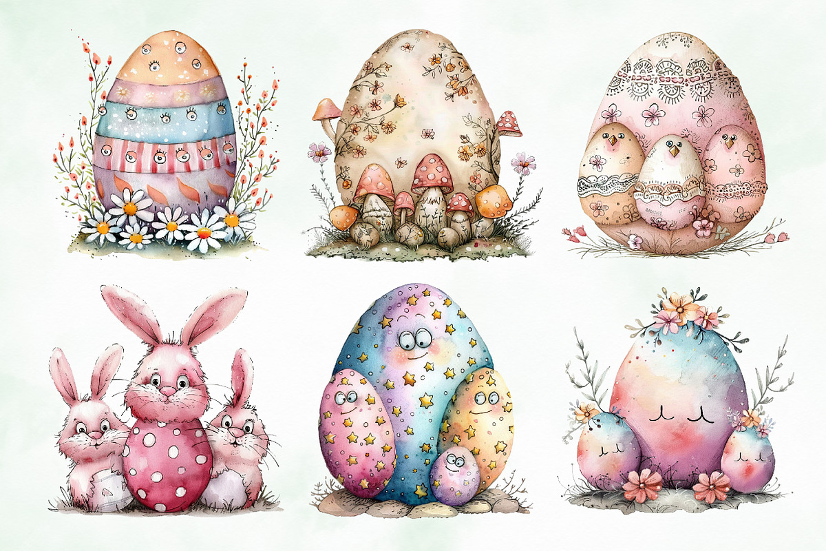 Watercolor Easter Cute Eggs Clipart, an Illustration by Creative Art (Photo 3 of 7)