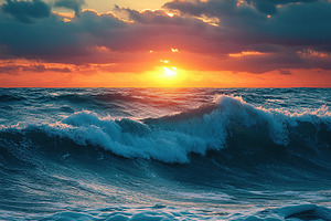 Ocean waves rolling as the sun sets on the horizon with vibrant colors and dram, a Nature Photo by AlyaAnd