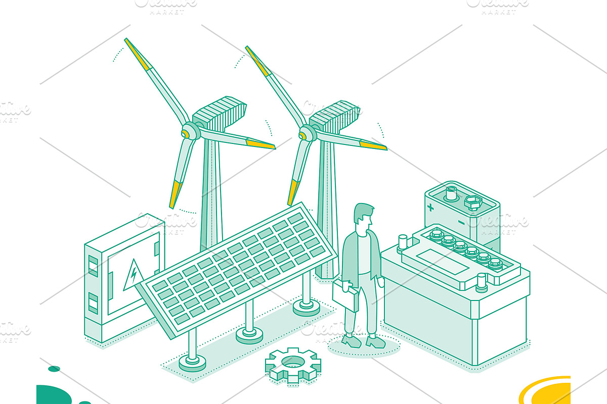 Isometric two wind turbines, solar., a Technology Illustration by Booblgum