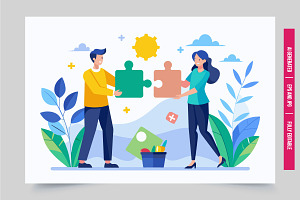 Two people puzzle collaboration, an Illustration by Tanuart