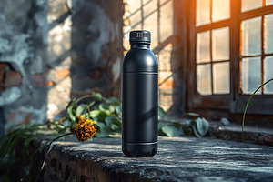 A sleek black water bottle stands thoughtfully on a weathered stone surface, il, a Business Photo by ImageMir