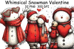 Whimsical Snowman Valentine Clipart, an Illustration by CraftArtStudio
