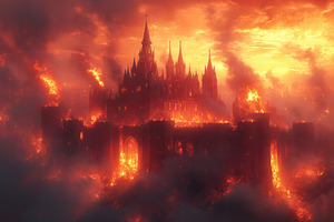 Flames engulf an ancient castle at s, a Photo by Tanuart