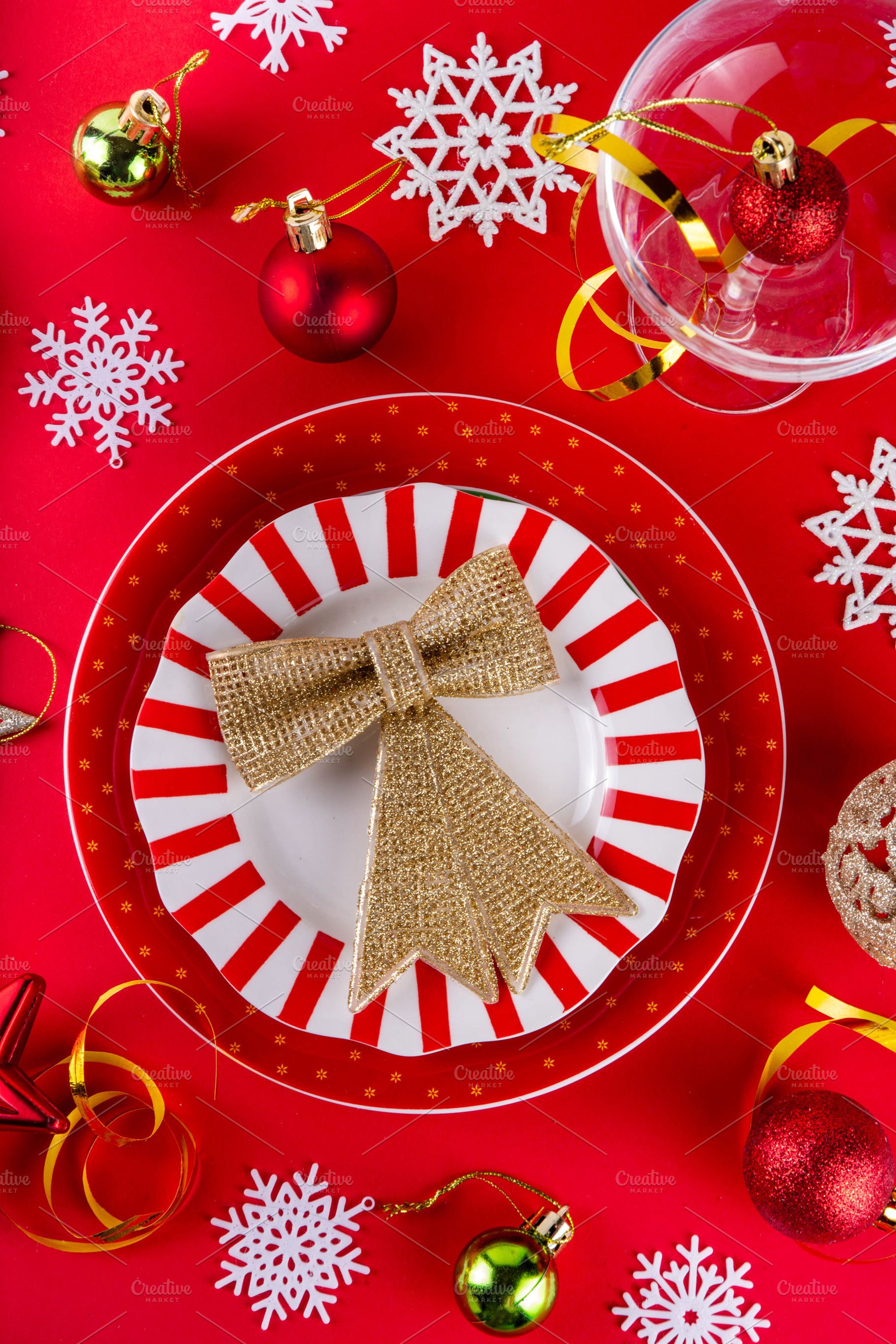 Christmas, New Year table setting with plate and Xmas ornaments, a Holiday Photo by Rimma