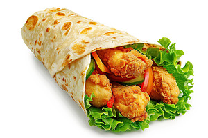 Tortilla wrap with fried chicken and fresh vegetables on white background, a Food & Drink Photo by AlyaAnd