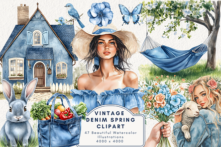 Vintage Denim Spring Clipart, an Illustration by NadiaTheronArt