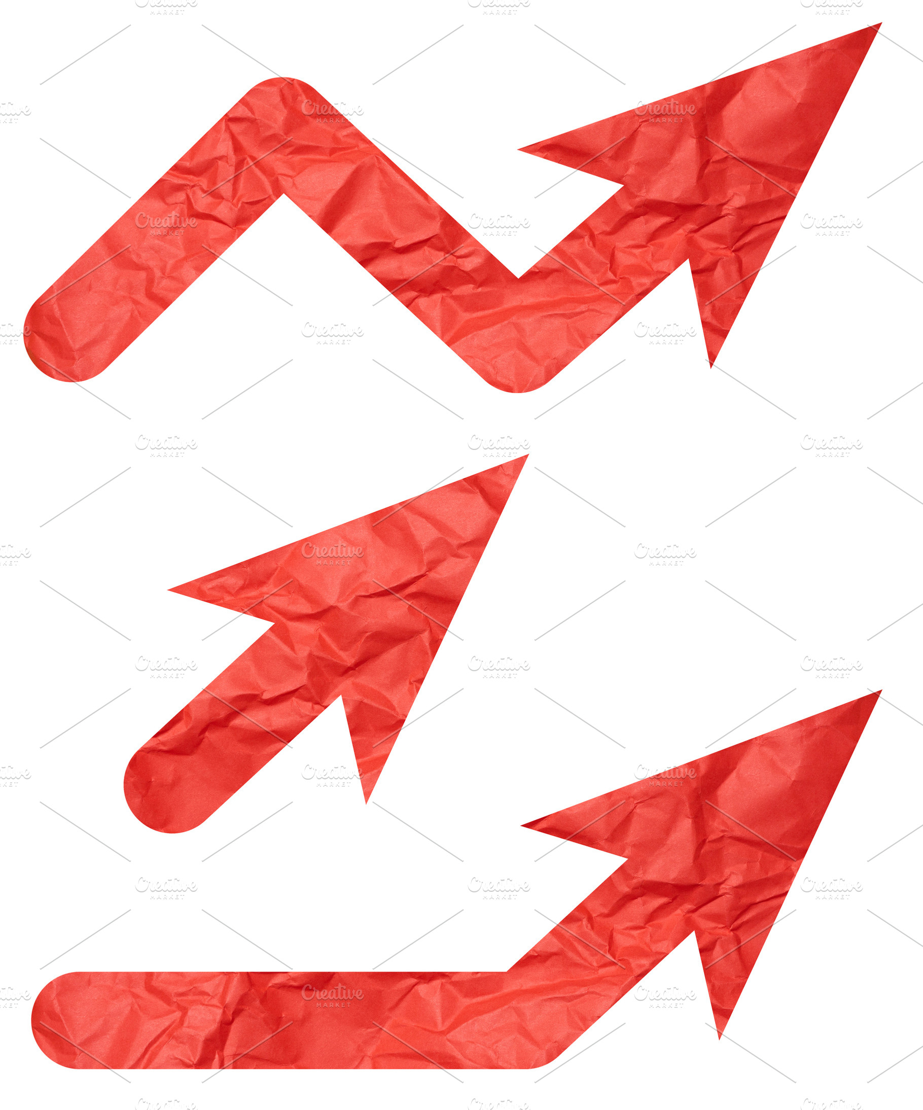 Set of red crumpled paper arrows pointing up and to the right, s, an Abstract Photo by ndanko