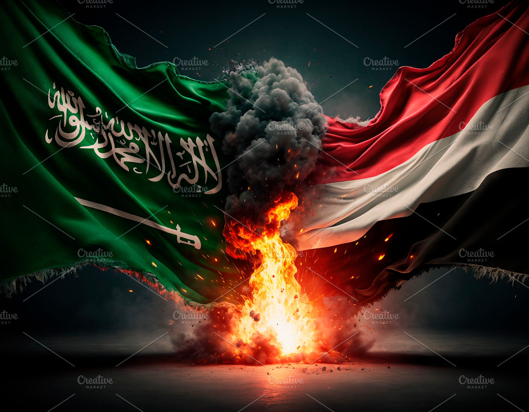 Saudi Arabia and Yemen flags clash In regional conflict, a Background Photo by DanFLCreativo