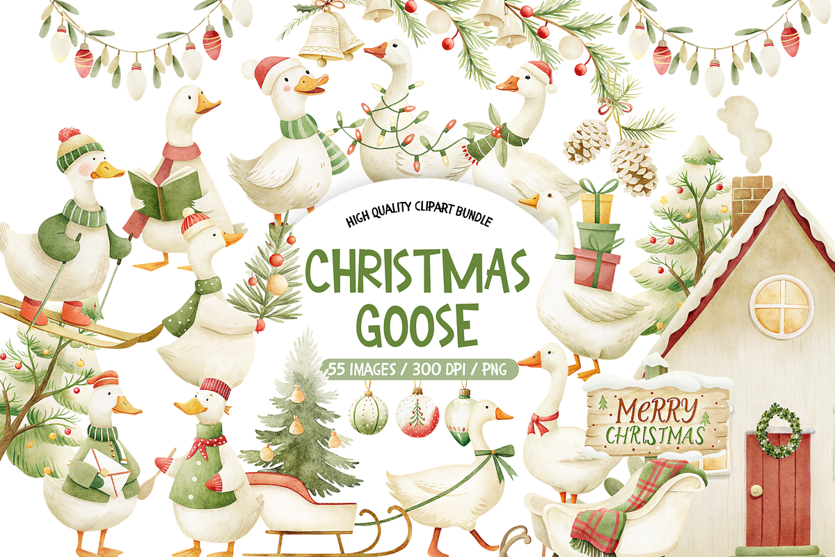 Christmas Goose Watercolor Set, an Illustration by TatiMockup (Photo 1 of 8)