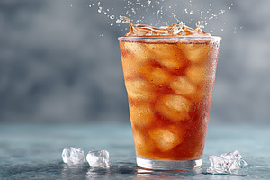 Refreshing iced tea with ice cubes splashing in a glass on a smooth counter sur, a Food & Drink Photo by AlyaAnd