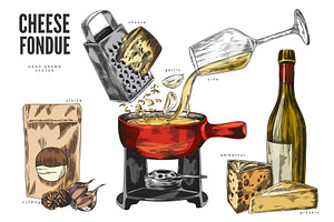 Cheese fondue sketch vector set, a Food Illustration by Sabelskaya