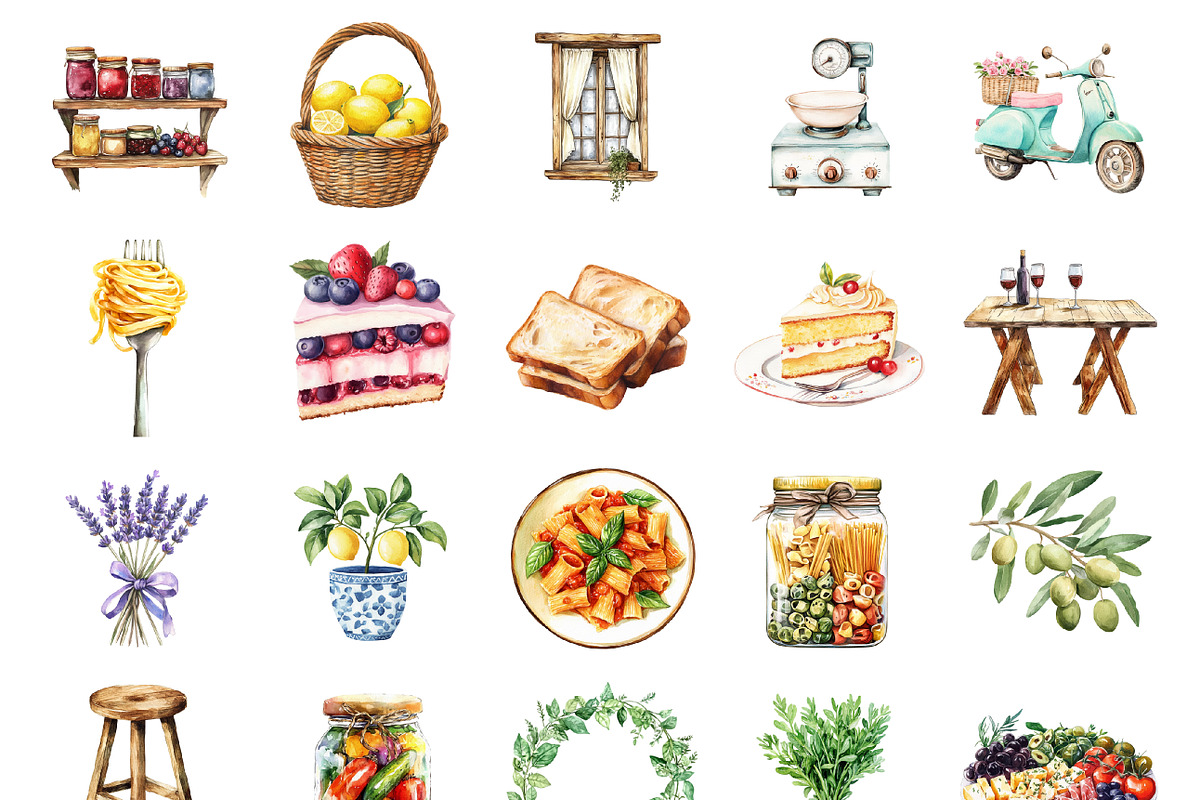 Watercolor Italian Kitchen Clipart, an Illustration by Design Market (Photo 2 of 3)
