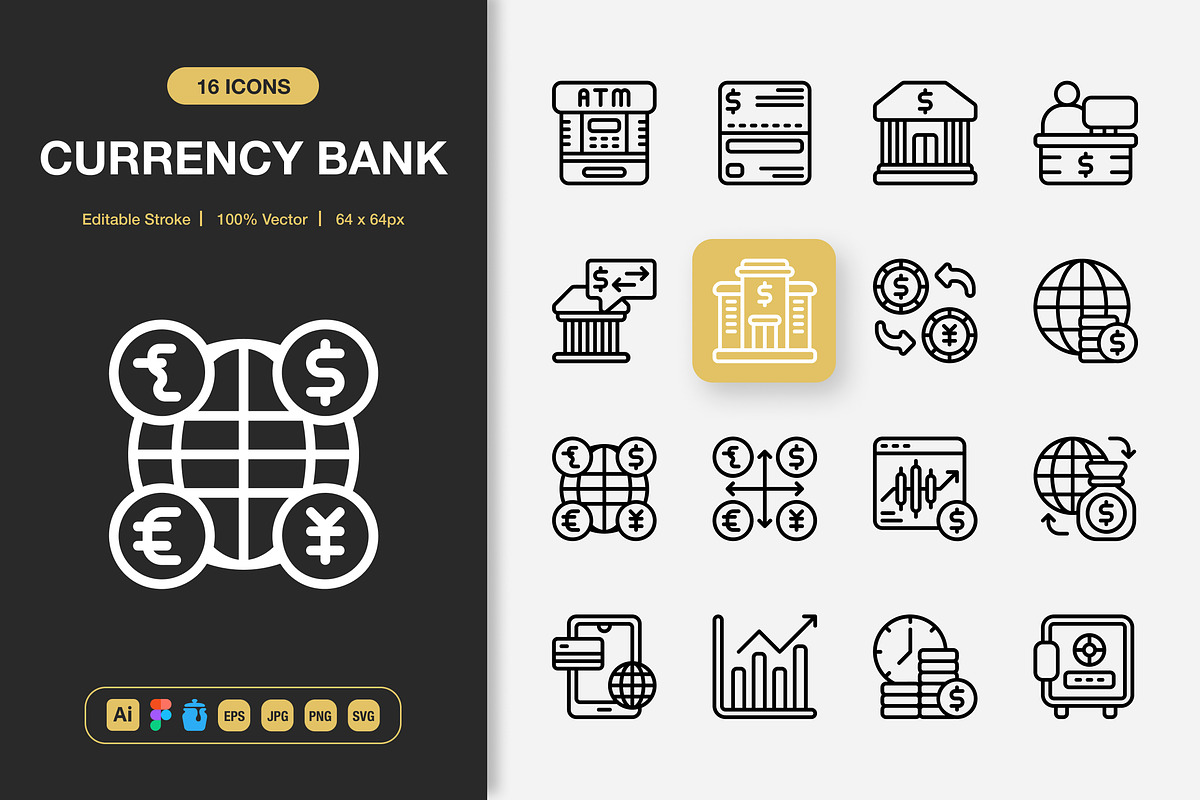 Currency Bank Icons, an Outline Icon by Spacepixel Creative