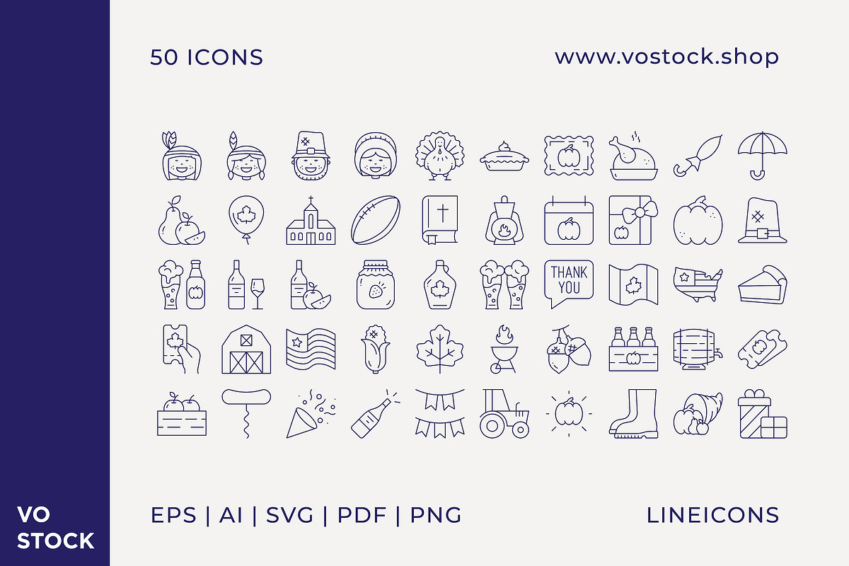 50 Thanksgiving Day Icons, an Outline Icon by vo.stock (Photo 2 of 6)