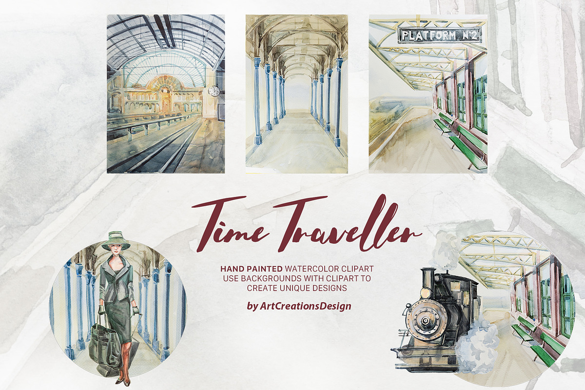 Watercolor Time Traveller Clipart, a Transportation Illustration by ArtCreationsDesign (Photo 10 of 12)