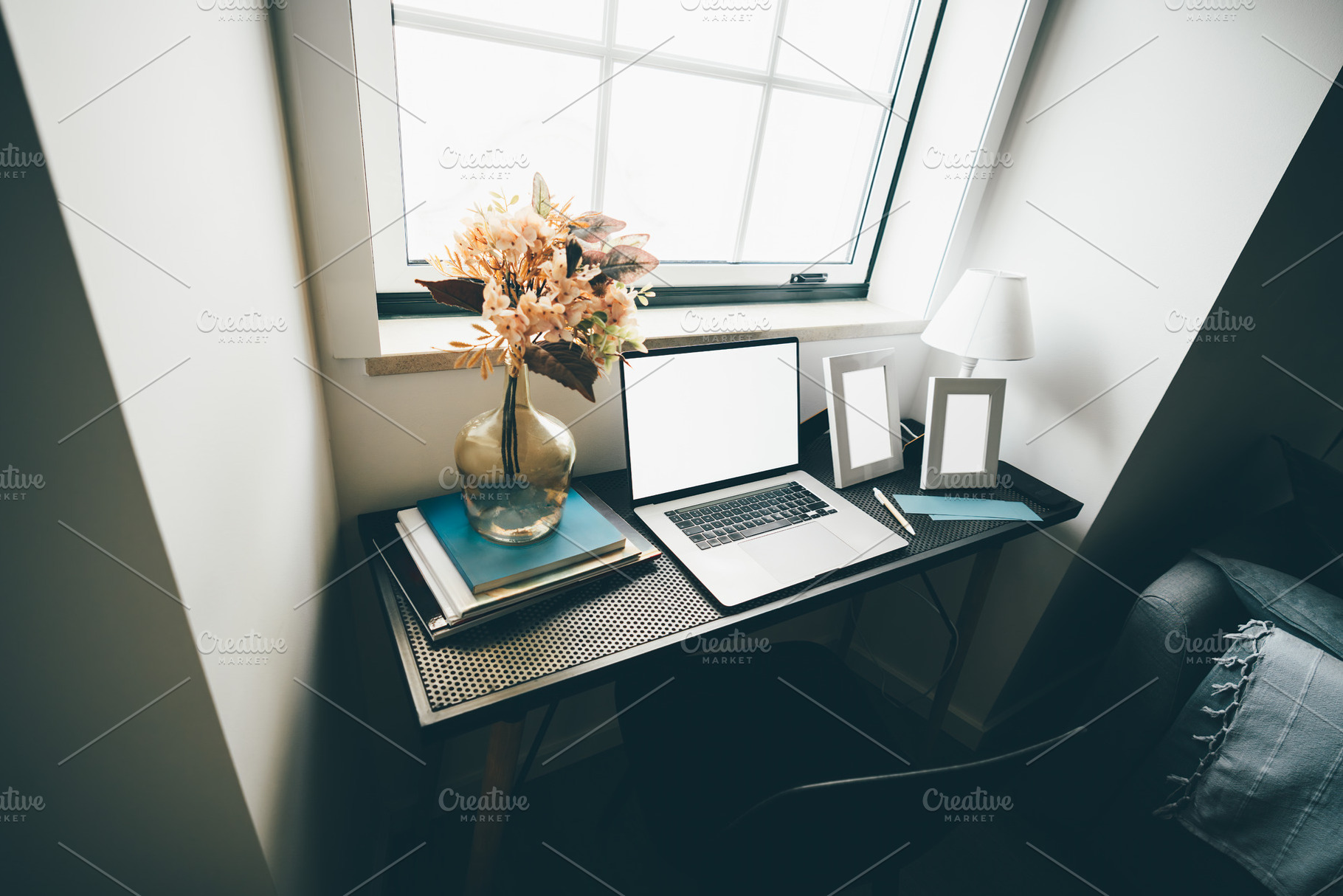 Modern desk with laptop and decor, a Business Photo by SkyNext