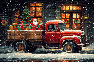 Santa driving a red vintage truck with Christmas gifts and tree, a Holiday Photo by José Manuel Gelpi