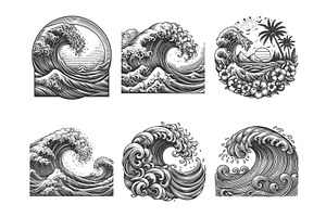 Ocean Wave engraving set vector, an Illustration by AlexArt