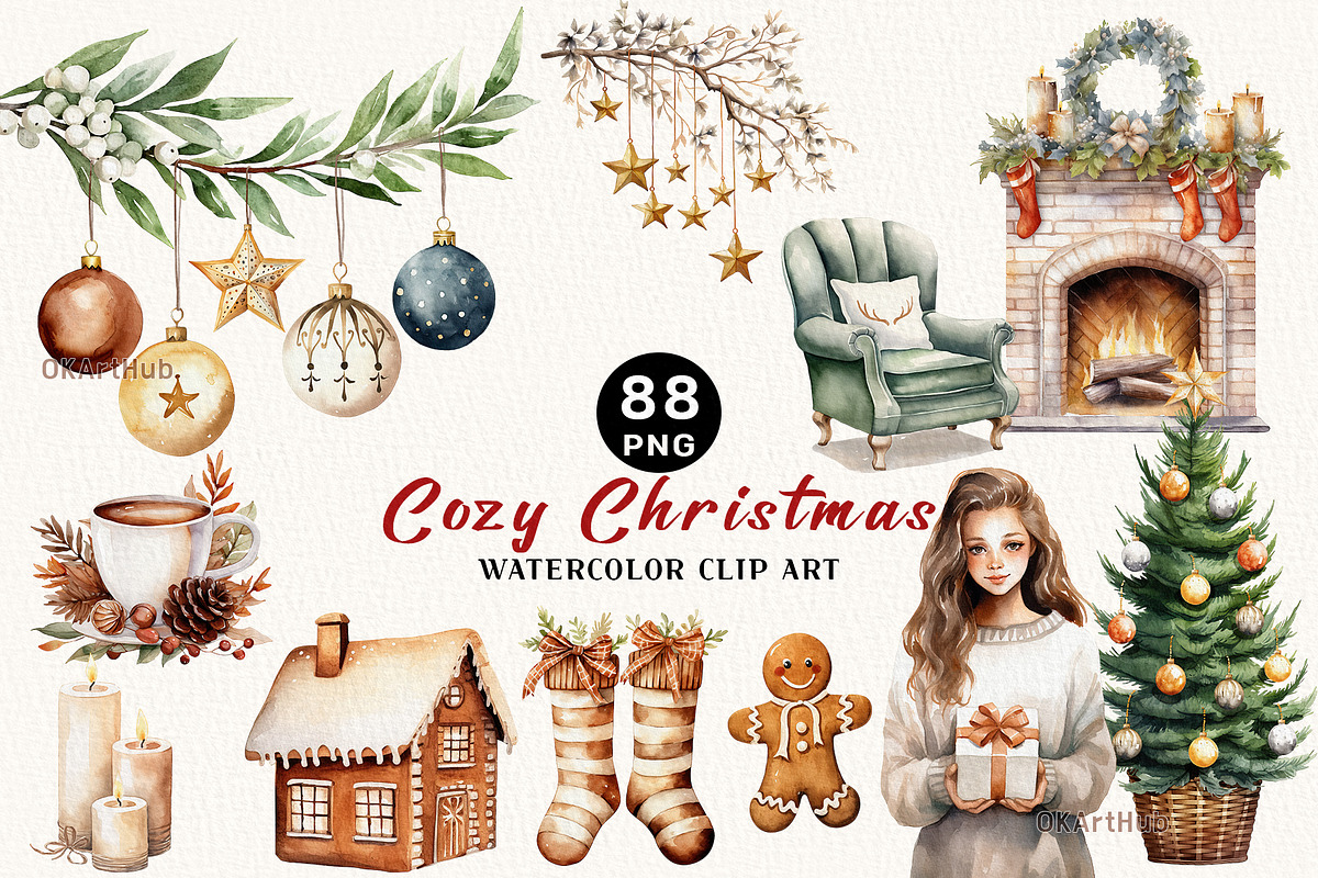 Watercolor Cozy Christmas Clipart, a Decorative Illustration by OKArtHub (Photo 1 of 8)