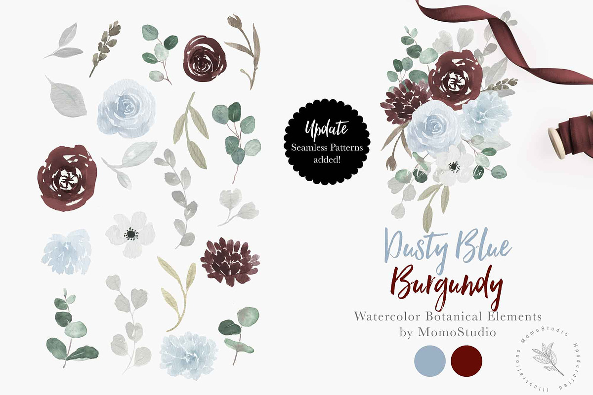 Dusty Blue and Burgundy Florals, a Work Illustration by Momo Studio (Photo 1 of 12)