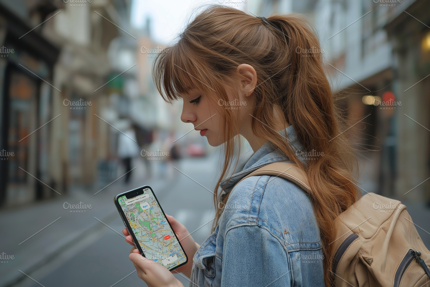 A young Caucasian woman with long brown hair checks her phone's map in a trendy, a Person Photo by ImageMir