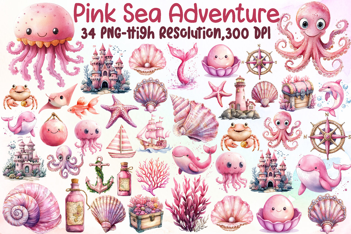 Pink Sea Adventure Clipart, an Illustration by Sublimation Artist (Photo 1 of 6)