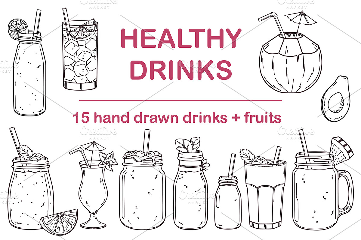 Healthy drinks hand drawn vector set, a Background Graphic by InkySplash (Photo 1 of 4)