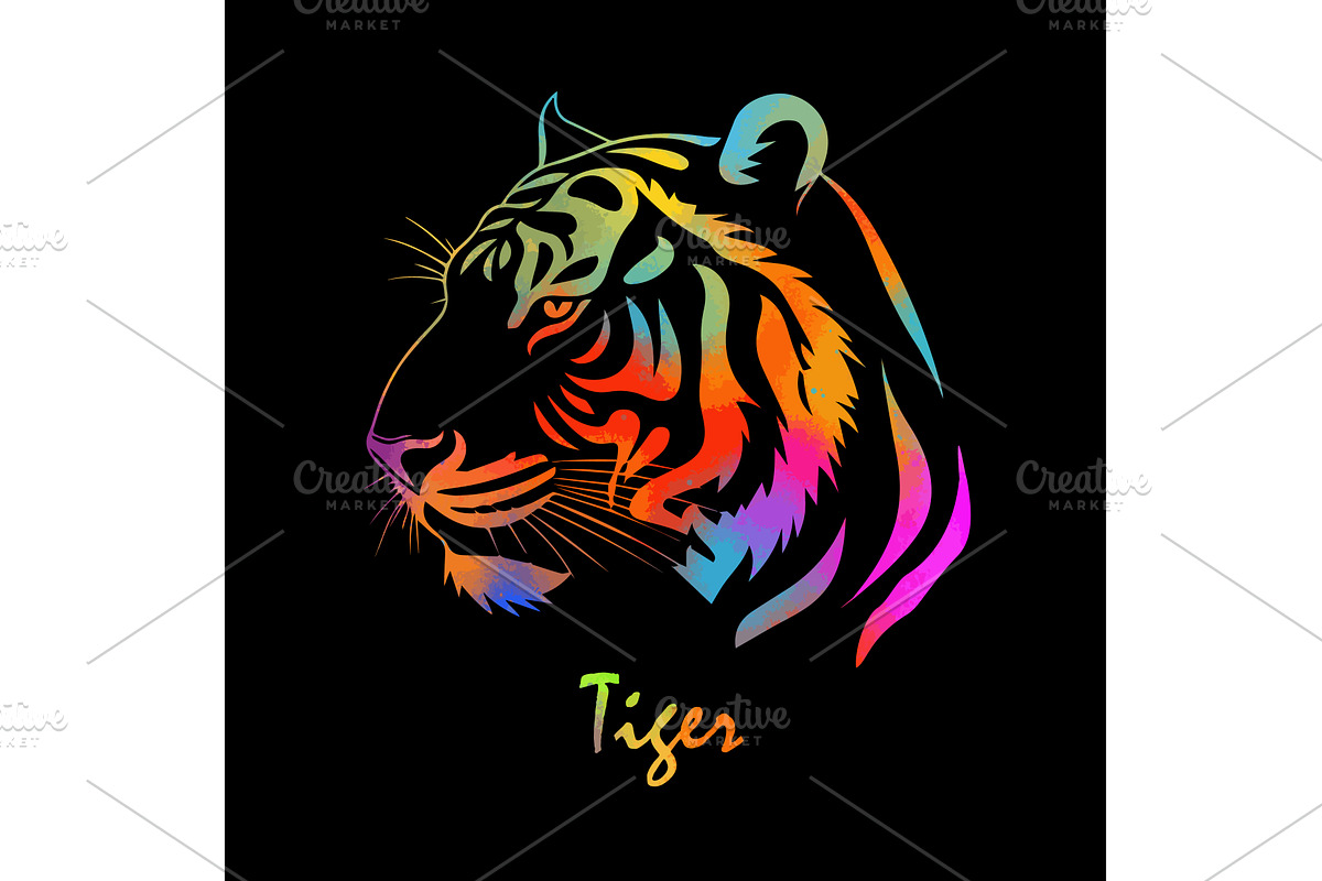 Tiger colored head on black, an Object Illustration by Nenahliadava Design
