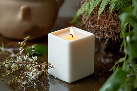 A square white candle burning, an Abstract Photo by Imaginarium
