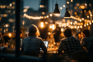 Group collaboration over laptops and food in a warmly lit outdoor setting, a Business Photo by AS photostudio
