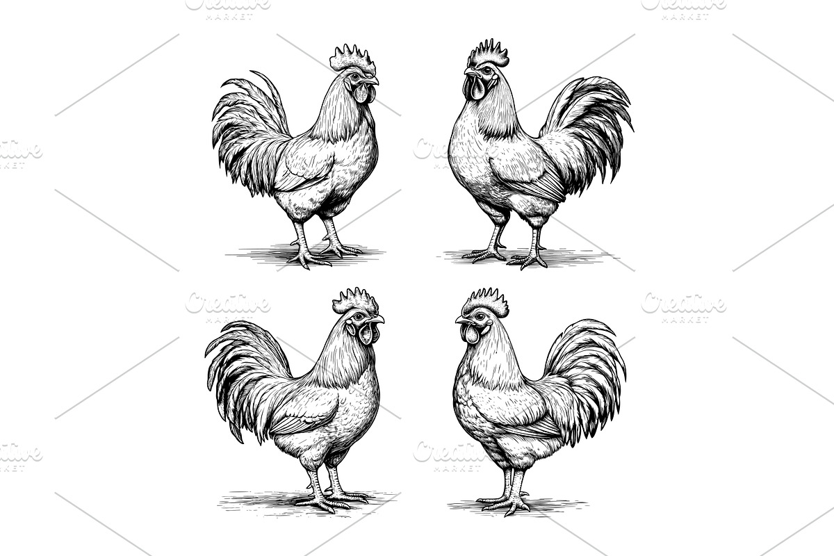 Rooster black ink sketch vector set, an Animal Illustration by Onyx