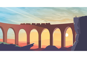 old train on bridge at sunset, a Transportation Illustration by IfH