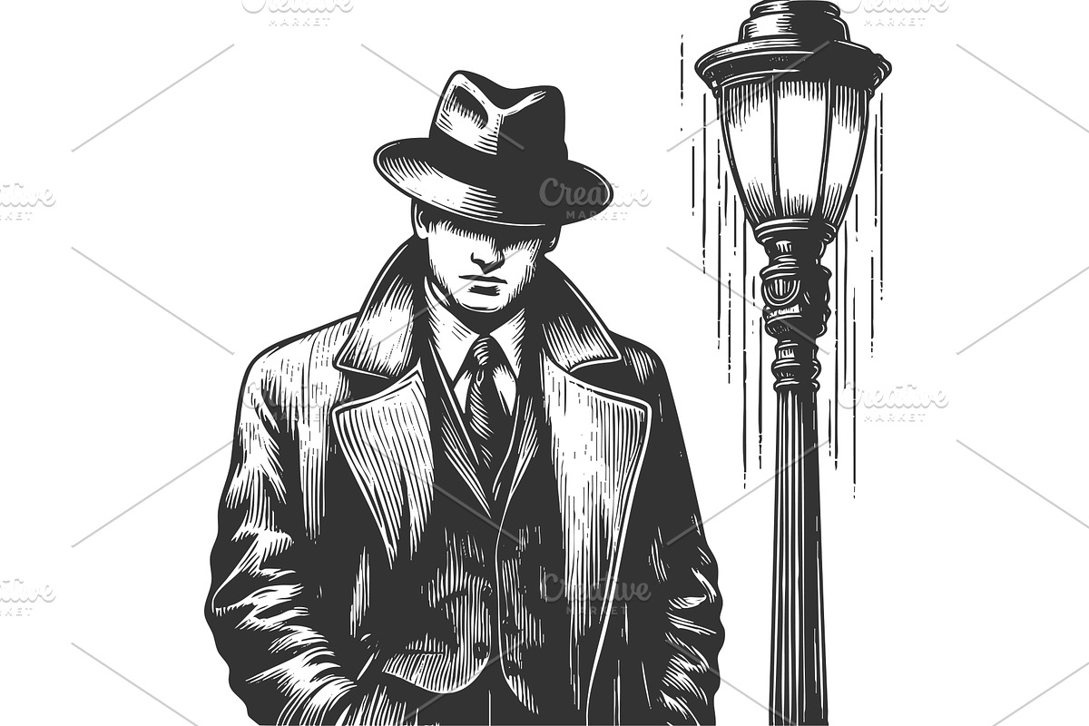 Noir detective under streetlamp in, a Person Illustration by AlexArt