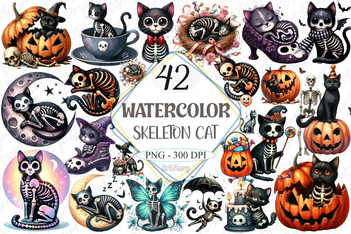 Skeleton Black Cat Clipart, a Graphic by designcity5 (Photo 1 of 5)