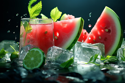Fresh tropical cocktail with watermelon and ice with tropical trees and plants, a Food & Drink Photo by Natalia Klenova's Shop