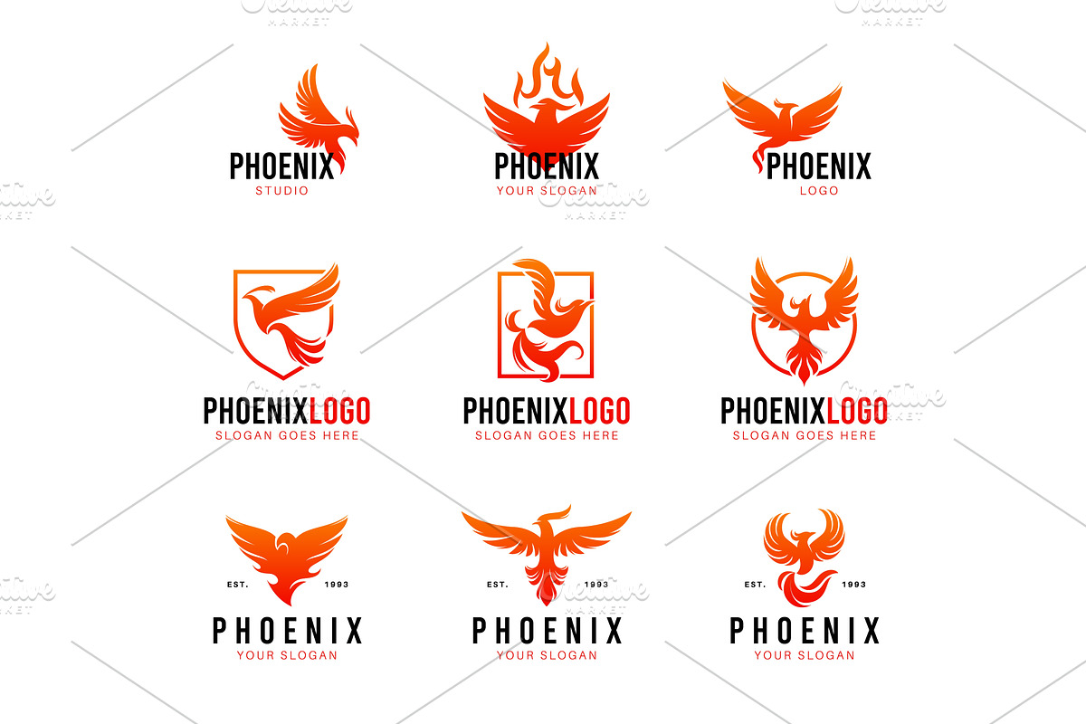 Phoenix silhouette emblems. Burning, an Object Illustration by YummyBuum